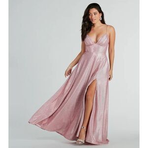 Windsor Skyla pink Glitter Corset Formal ball gown dress with slit size medium